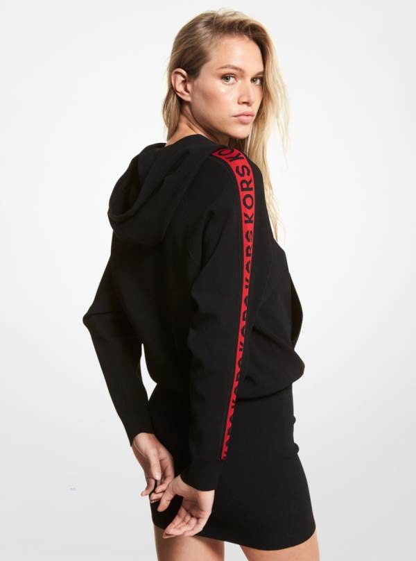 Damske Saty Michael Kors Logo Tape Stretch Viscose Hoodie Čierne - Oblecenie Michael Kors Sleva | RPUTI-8642